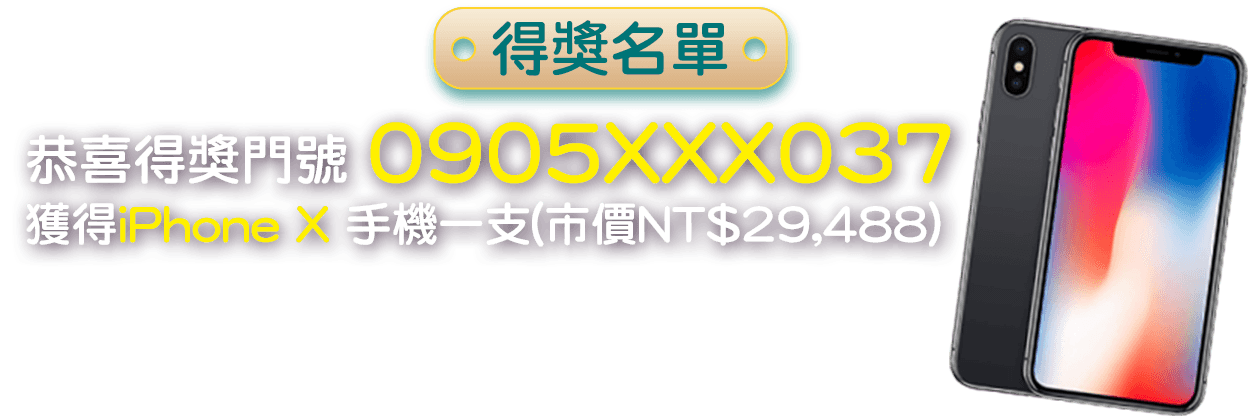 
                        得獎名單：恭喜得獎門號 0905XXX037獲得iPhone X 手機一支(市價NT$29,488)