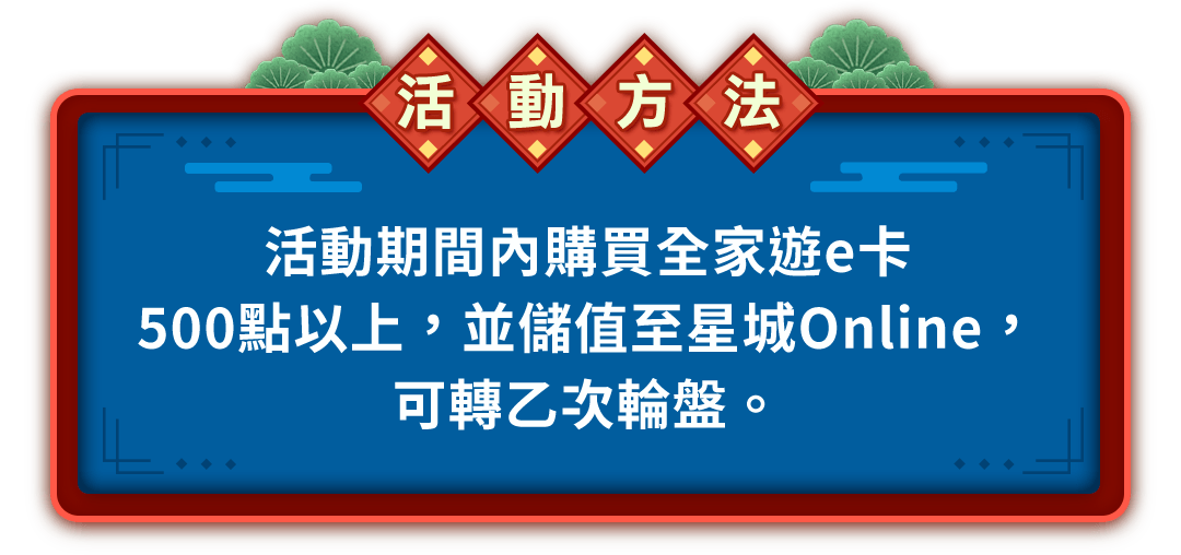 
                        活動方法：活動期間內購買全家超商內遊e卡500點以上，並儲值至星城Online，可轉乙次輪盤最高可獲得百萬銀幣