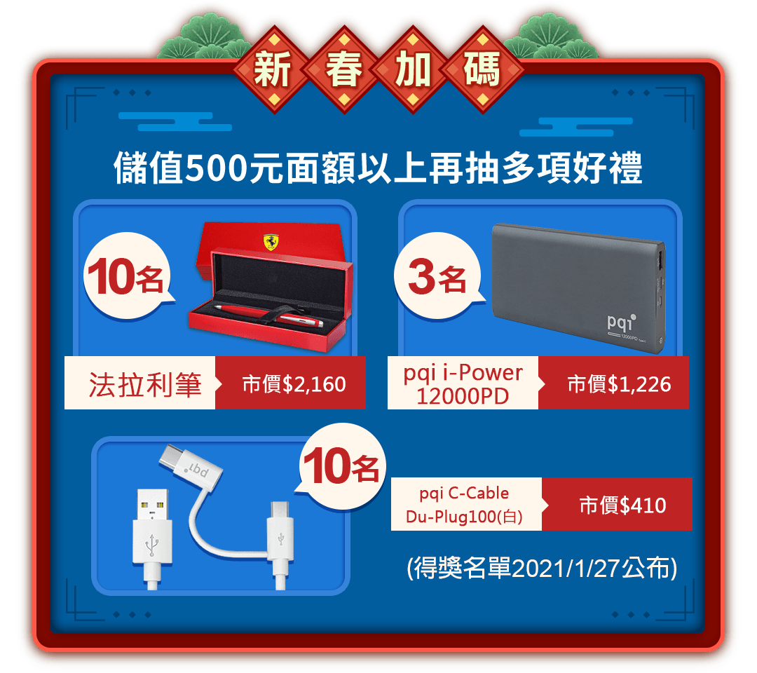 
                        新春加碼：儲值500元面額以上再抽多項好禮。10名 法拉利筆(市價$2,160)，3名 pqi i-Power 12000PD(市價$1,226)，10名 pqi C-Cable Du-Plug100(白)(市價$410)。