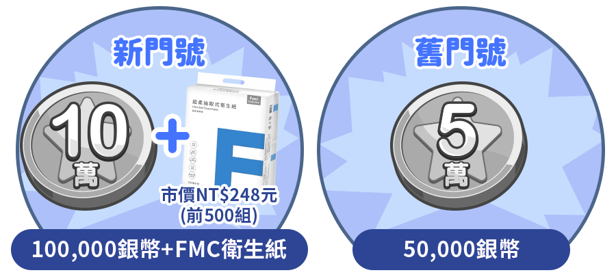 新門號:100,000銀幣+FMC衛生紙,舊門號:50,000銀幣