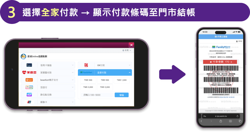 選擇全家付款 → 顯示付款條碼至門市結帳