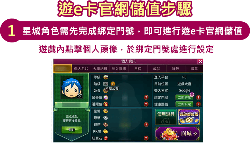 星城角色需先完成綁定門號，即可進行遊e卡官網儲值