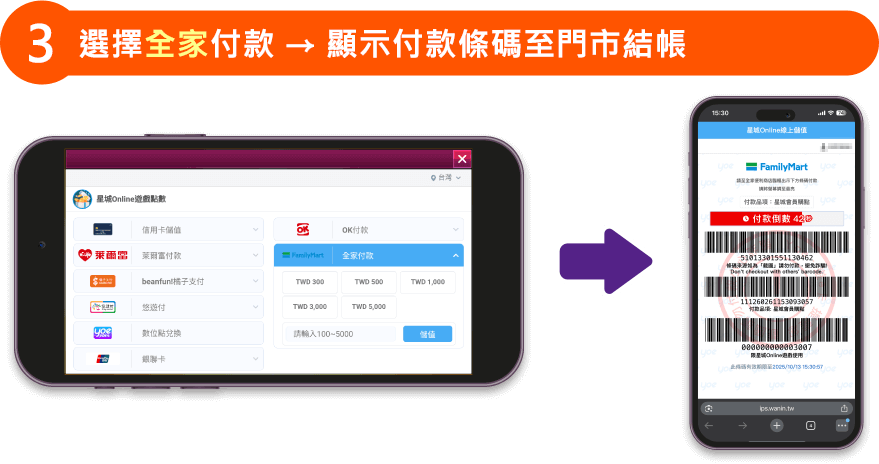 選擇全家付款 → 顯示付款條碼至門市結帳